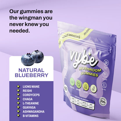 Vybe Mushroom Gummies flavor: natural blueberry