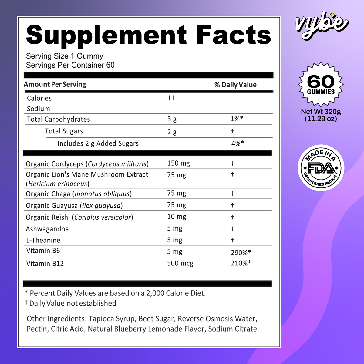 Vybe Mushroom Gummies Supplement Facts