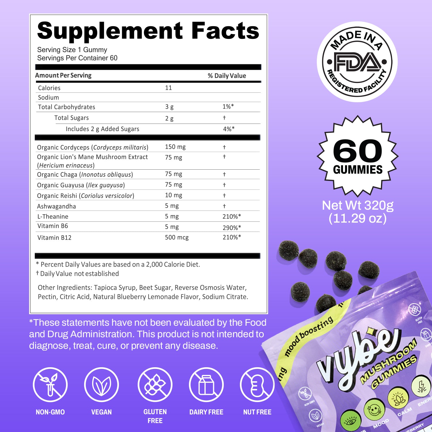 Vybe Mushroom Gummies supplement facts with ingredients, vitamins, and functional mushroom dosages.